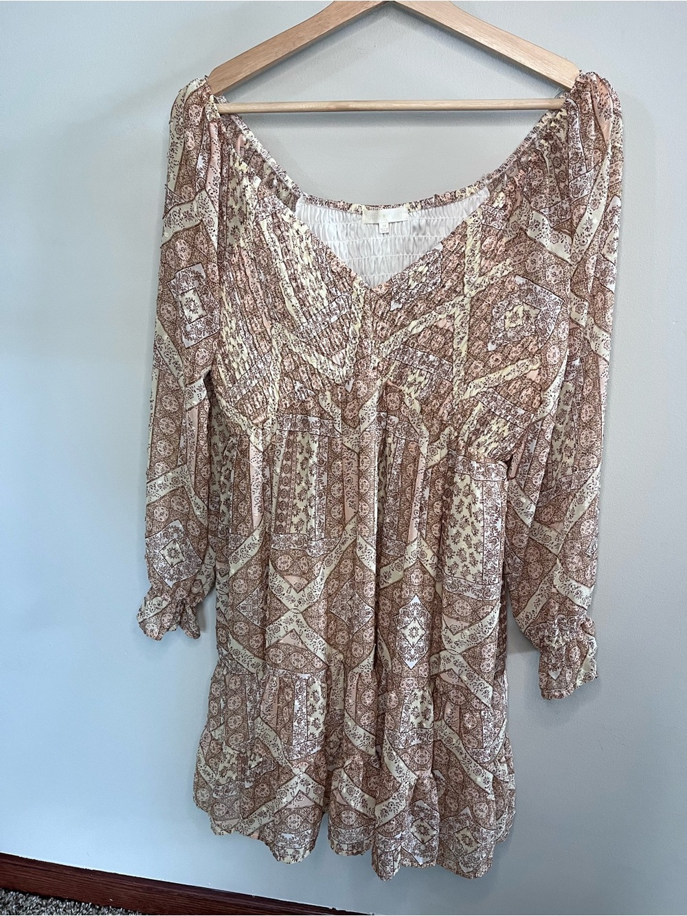 Ultra Flirt Boho Paisley Smocked Mini Dress Long Sleeve Brown Cream Plus 1X